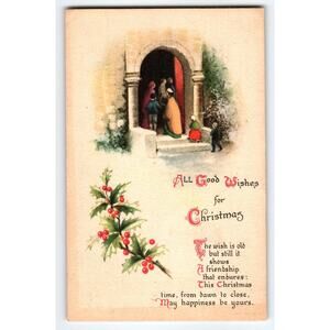 Vintage 1920 Christmas Postcard with Church Scene & Holly Branch